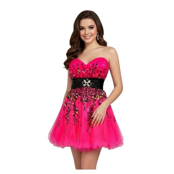 Alyce Designs Pink Sequin Showgirl Jeweled Cocktail Dress Corset Back 6 Hoco - Picture 1 of 13